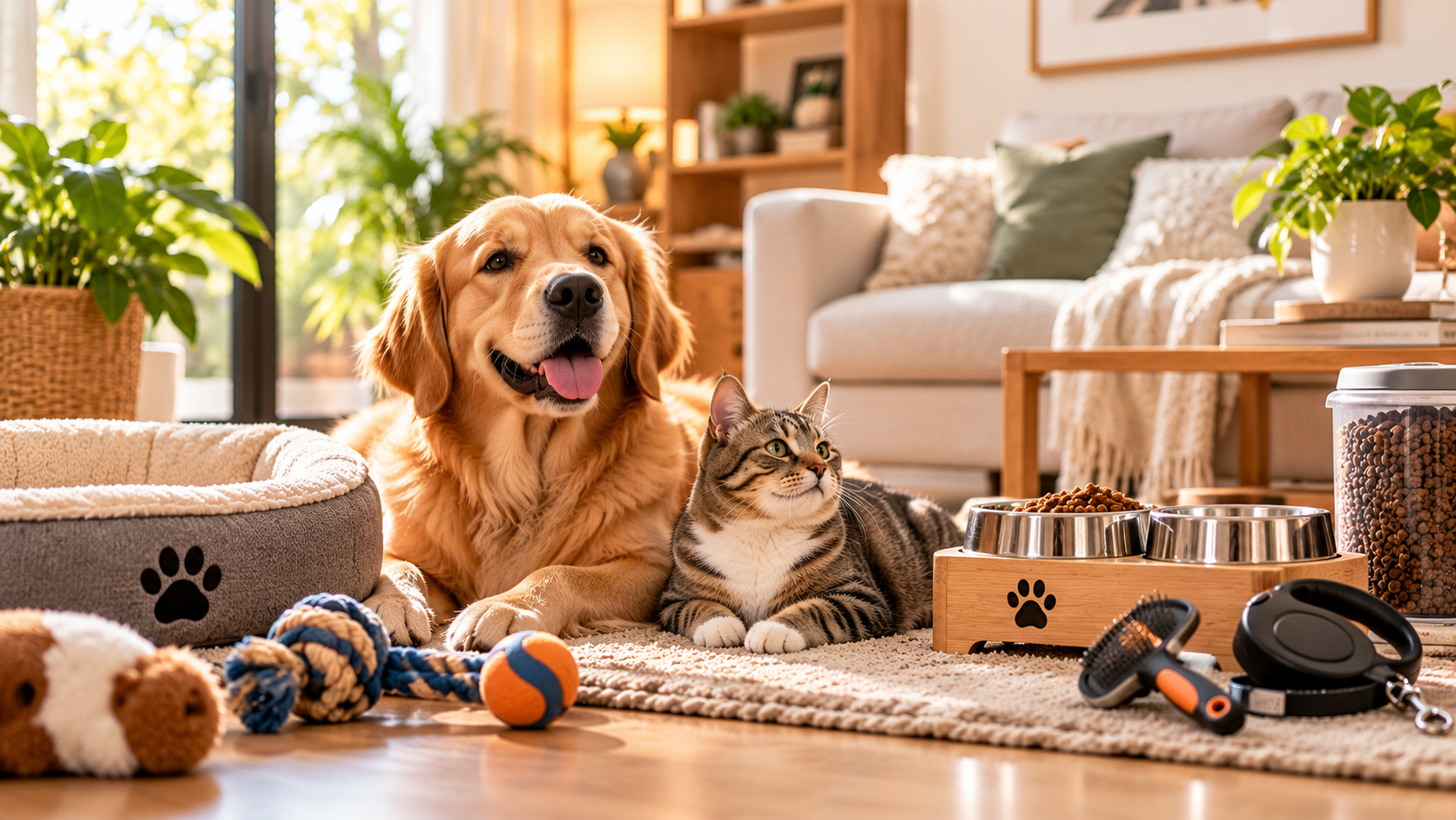 Dog and cat in a cozy home