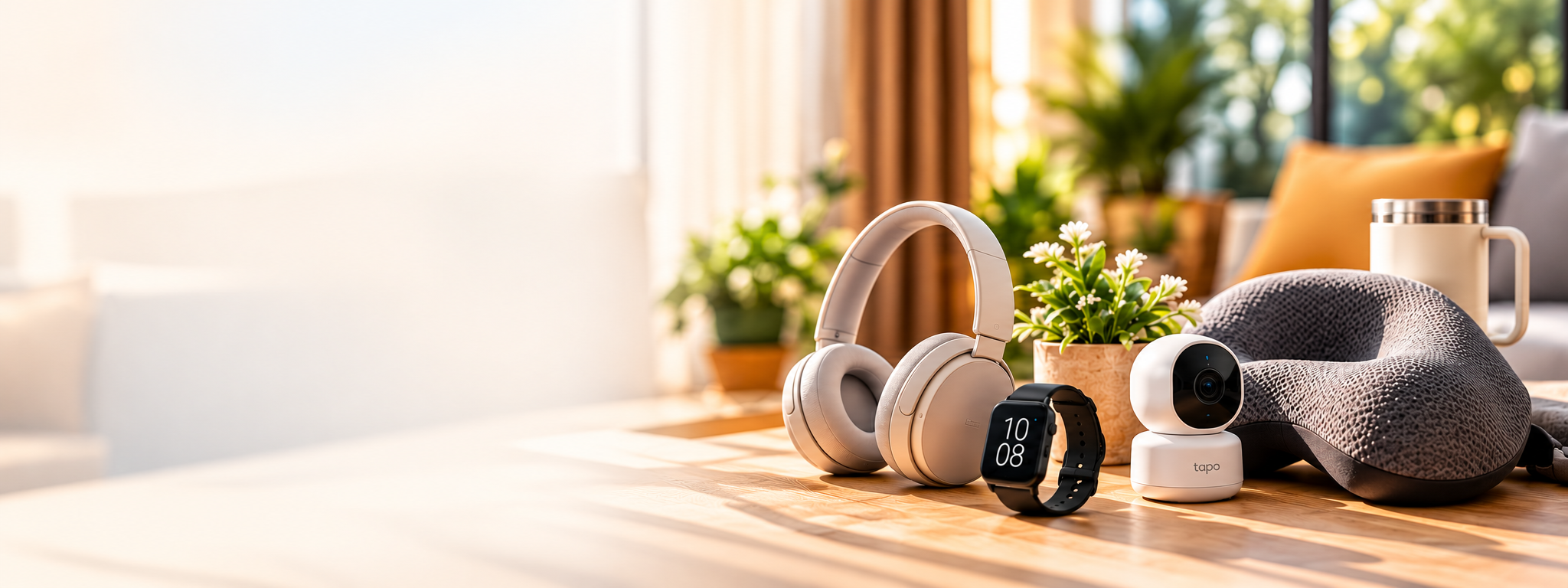 Modern lifestyle products, headphones and smart home essentials